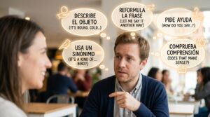 Alumno practicando conversación para superar el miedo a equivocarse al hablar inglés.
